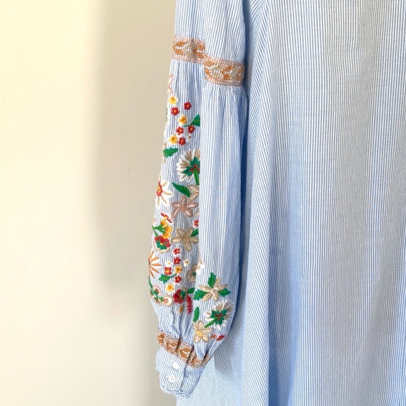 Antik Batik Blue Striped Embroidered Shirt Dress Sz 40 Boho Cottage - Picture 7 of 13